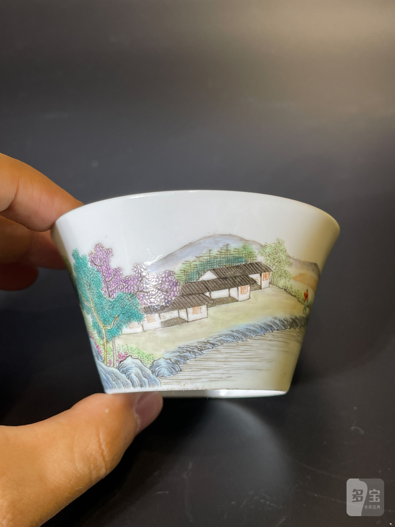 民国 粉彩山水纹马蹄杯 - 图4